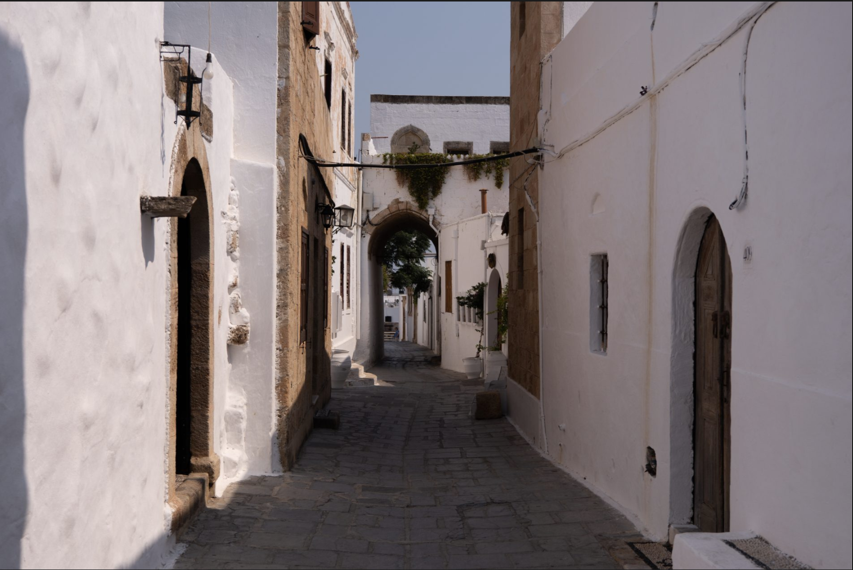 Traditional stone houses and narrow lanes of a mountain village in the Rhodes interior